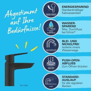 Grohe QuickFix Waschtischarmatur Start S Schwarz: Detailansicht der Armatur mit Hinweisen zu Funktionen.