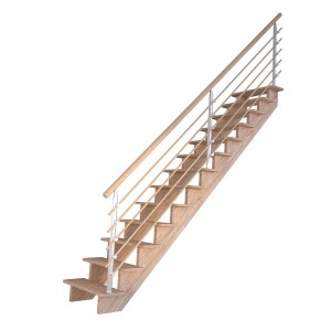 Gerade Holztreppe Lindos Pro Eiche mit Design-Geländer und Holzstäben, 80 cm breit.
