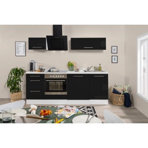 Respekta Premium Küchenzeile 220 cm in Schwarz Hochglanz/Weiß mit E-Geräten.