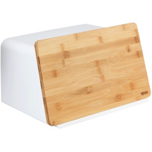 Wenko Brotkasten Weiß mit Bambusbrett als Deckel und Schneidebrett.