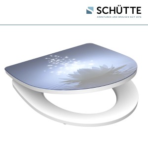 Schütte WC-Sitz Water Lily mit Absenkautomatik und Schnellverschluss. Duroplast, weiß mit Blumenmotiv.