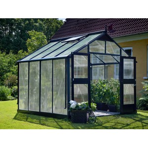 Juliana Gewächshaus Premium 8 Anthrazit mit Doppelstegplatten und geöffneter Doppeltür.