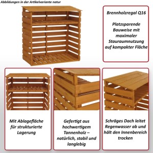 Brennholzlager Q16 aus Tannenholz mit Ablage, 121x122x61cm, für Ordnung im Garten.