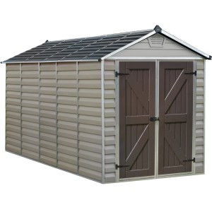 Palram Canopia Gerätehaus Skylight, 6,3 m², beige-braun, mit Doppeltür und Satteldach.