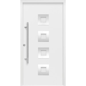 Weiße Haustür Thermospace Wien Prime mit Edelstahlgriff und quadratischen Designelementen.
