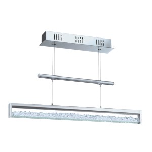 Moderne Eglo LED-Pendelleuchte Cardito mit Chrom und klaren Glaskristallen.