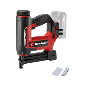 Einhell Akku-Nagler TE-CN 18/32 Li Solo, rot/schwarz, mit Nägeln und Klammern.
