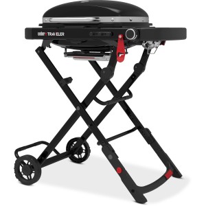 Schwarzer Weber Traveler Compact Gasgrill mit klappbarem Wagen für Camping und unterwegs.