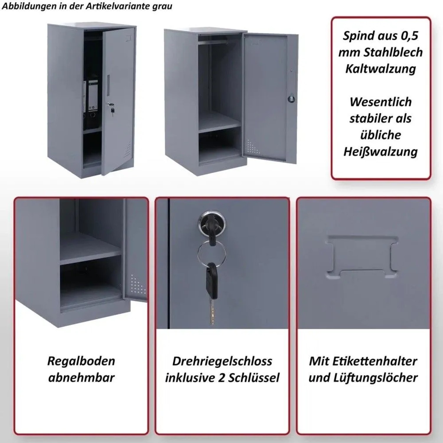 Grauer MCW Spind P63 Büroschrank mit Regalboden, Kleiderstange und Drehriegelschloss.
