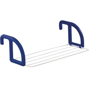 Leifheit Hängetrockner Classic 25: Wäscheständer für Balkon mit blauen Halterungen und weißen Trockenstäben.