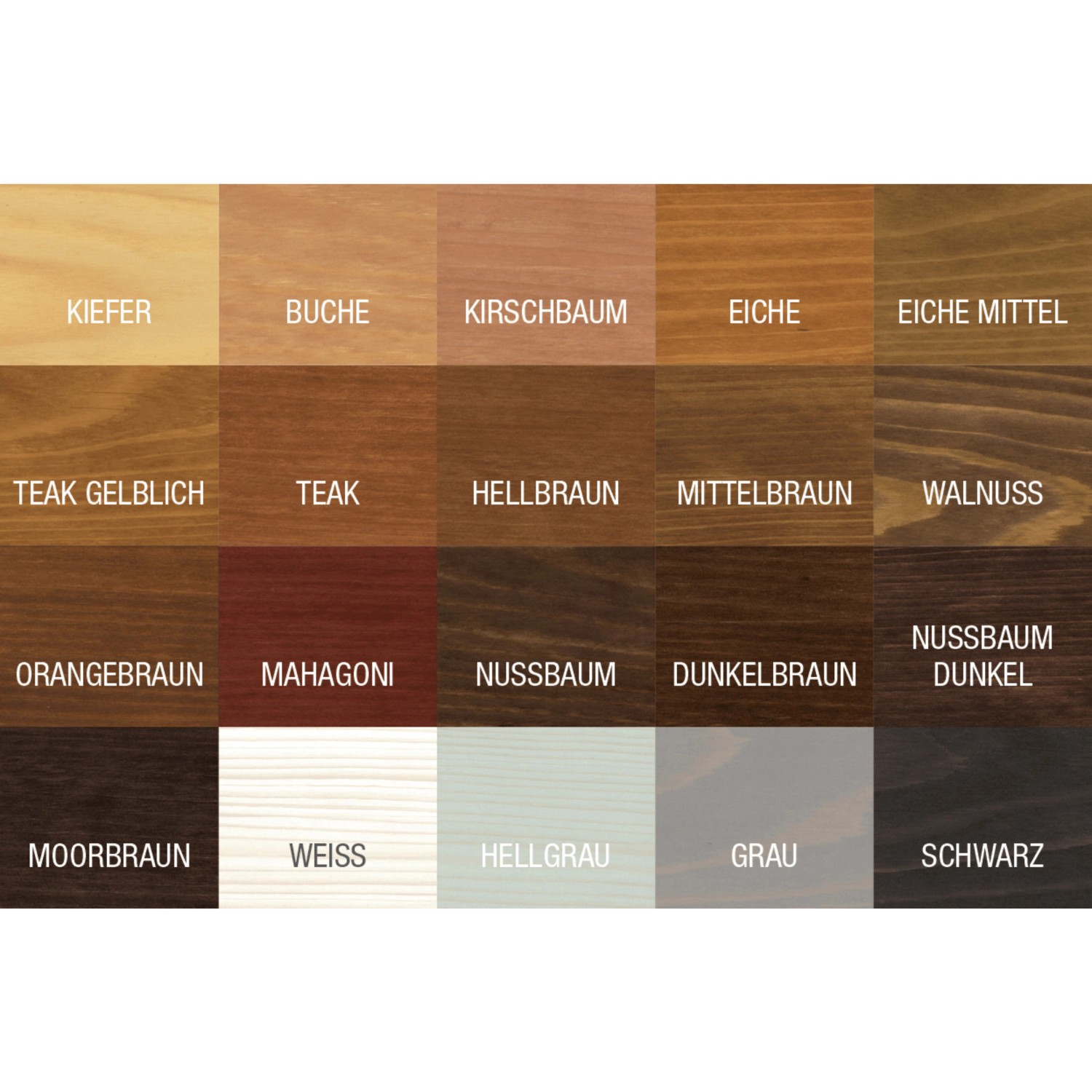 Farbmuster der Bondex Holzbeize: Kiefer, Buche, Kirschbaum, Eiche, Teak, Nussbaum, Mahagoni, Schwarz u.a.