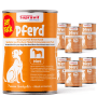 Supravit Nassfutter Pferd 6er Pack für Hunde. Orange-weiße Dosen mit Hund- & Pferdesilhouette. Getreidefrei.