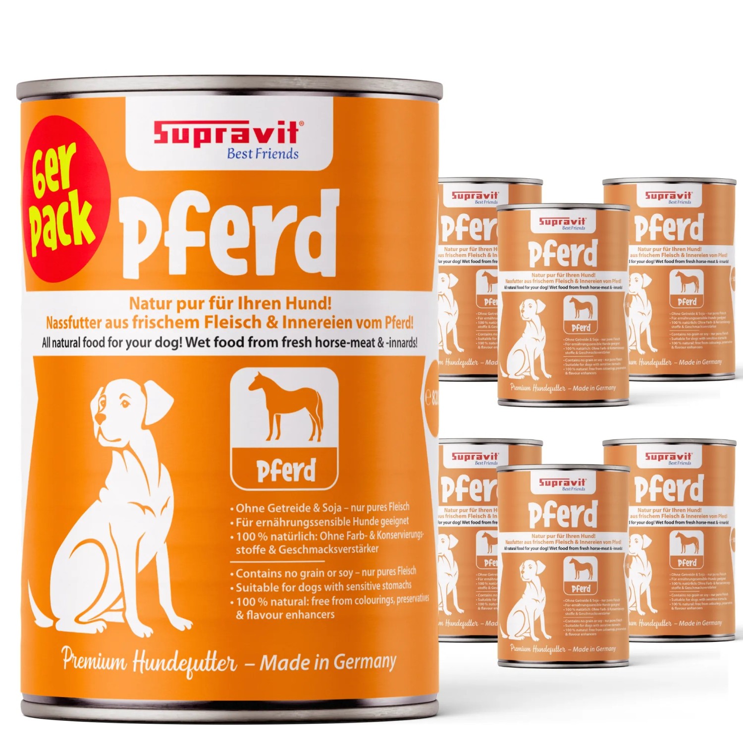 Supravit Nassfutter Pferd 6er Pack für Hunde. Orange-weiße Dosen mit Hund- & Pferdesilhouette. Getreidefrei.