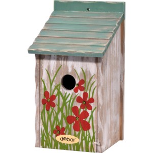 Bunter Nistkasten aus Kiefernholz mit Blumenmuster und grünem Dach. Ideal für Meisen.