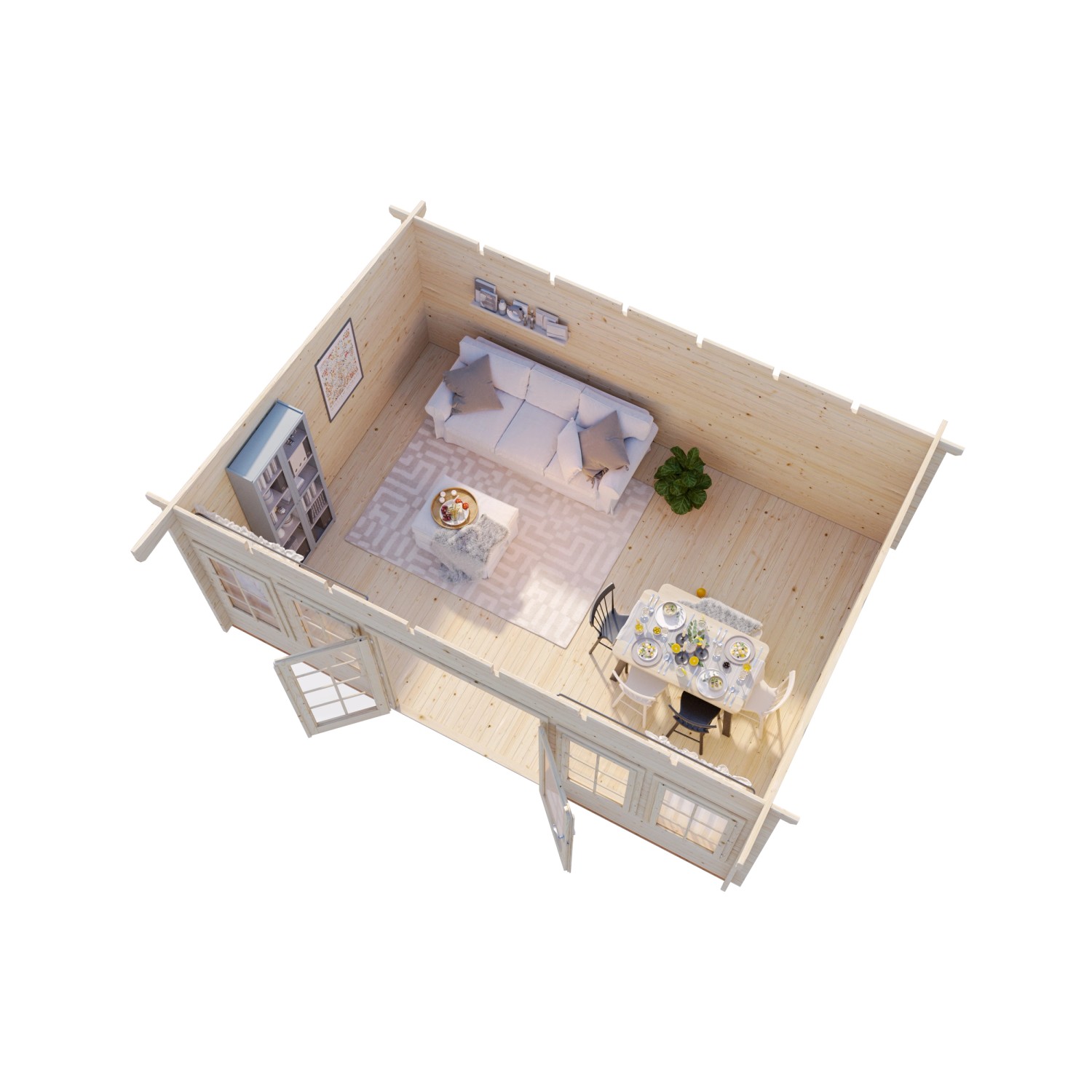 Palmako Gartenhaus Lisa, 530x380 cm, hellgrau-anthrazit, Innenansicht mit Möbeln.