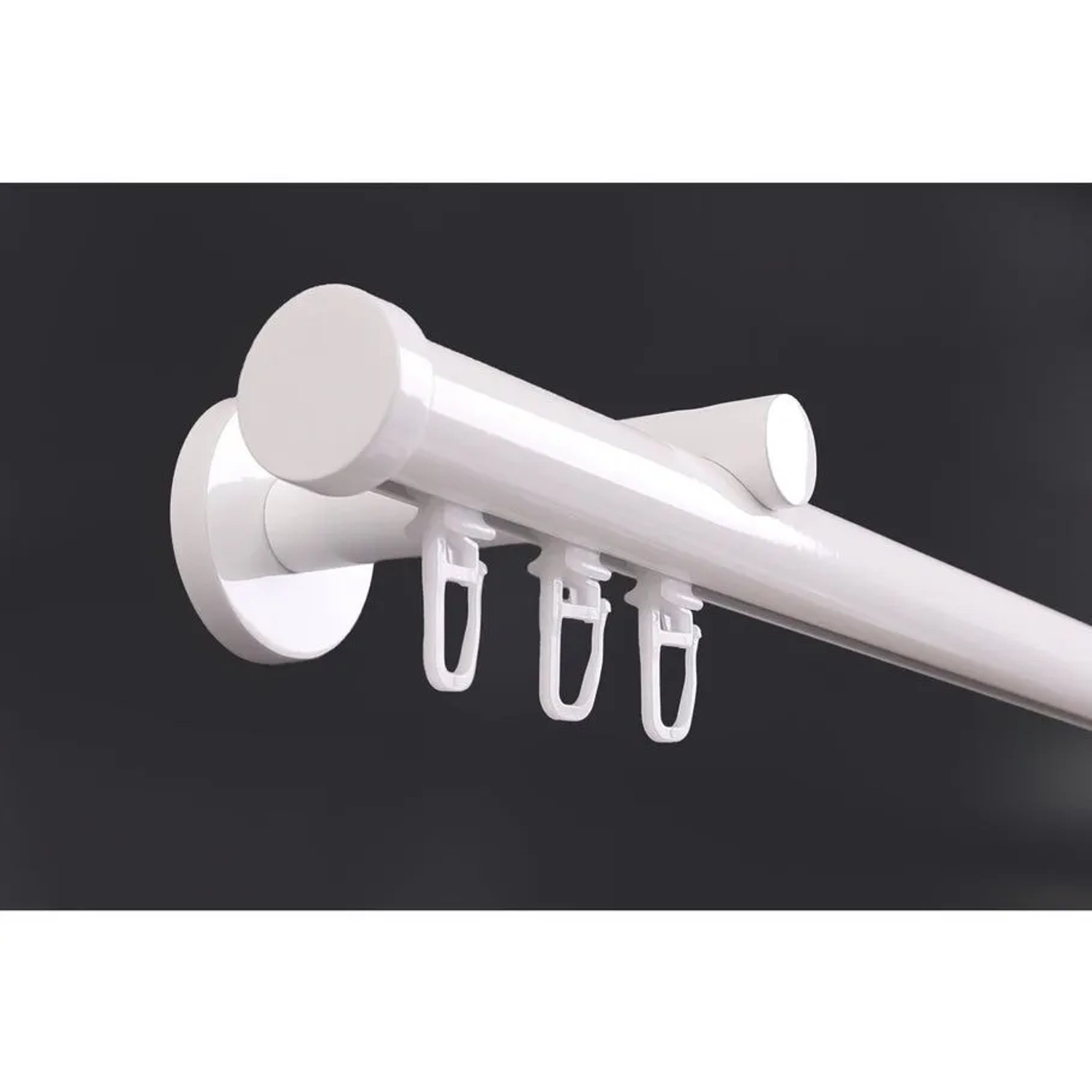Weiße Gardinenstange Innenlauf mit Kappe, Ø 20mm, Wandhalterung und Gleitern. Modernes Design für Vorhänge.