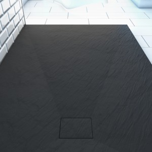 Anthrazitfarbene Aurlane Duschtasse Stone 140x90 mit Steinoptik und Abfluss.