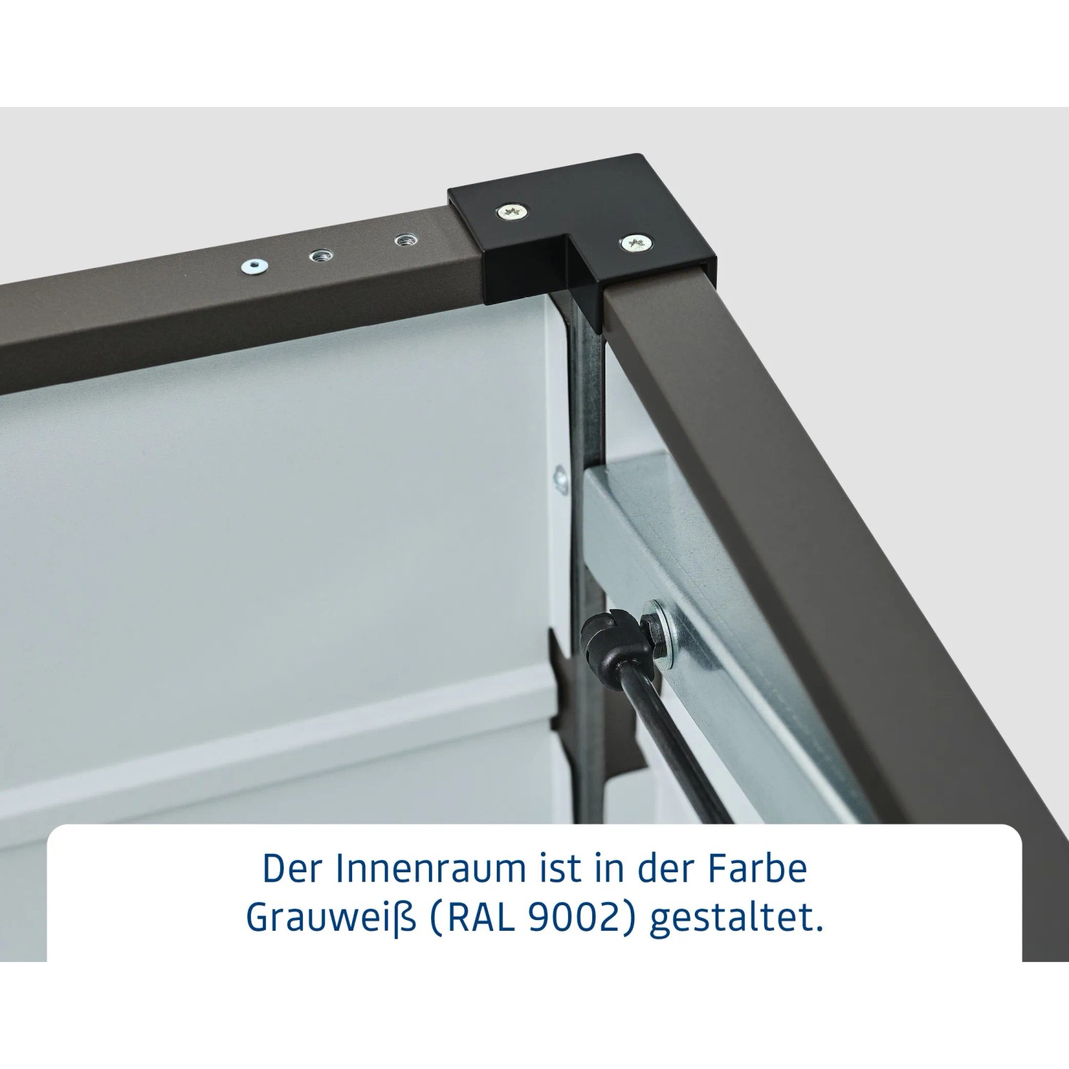 Detailaufnahme der EcoStar Gartenbox in Anthrazit/Grau, Fokus auf Eckverbindung und Innenraum.