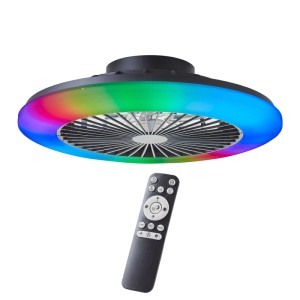 Schwarze LED-Deckenleuchte Salerno mit Ventilator (Ø 48,5 cm) und Fernbedienung.