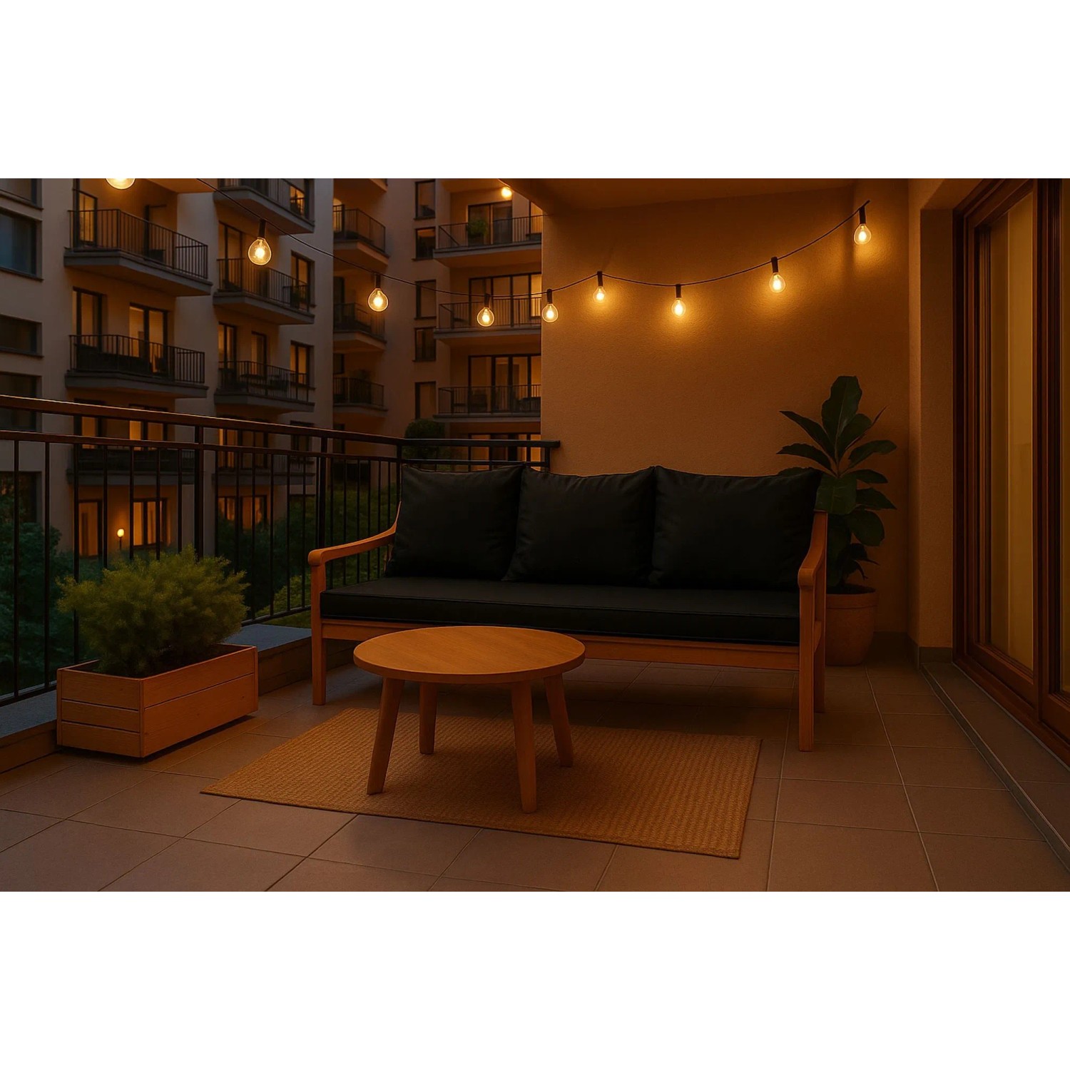 Schwarzes Setgarden Bankkissen (160x50 cm) mit 3 Rückenkissen für eine 3-Sitzer Gartenbank.