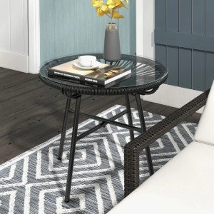 Outsunny Rattan Beistelltisch Metall PE Rattan Schwarz 50L x 50B x 50H cm