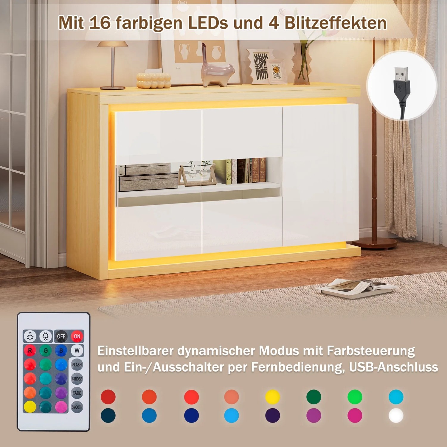 okwish Sideboard mit LED Türen Fächern Wohnzimmer Büro 140x40x84 cm Weiß_9