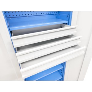 Detailaufnahme: Güde Werkzeugschrank Universal, grau-blau, mit offenen Schubladen und Fachböden.