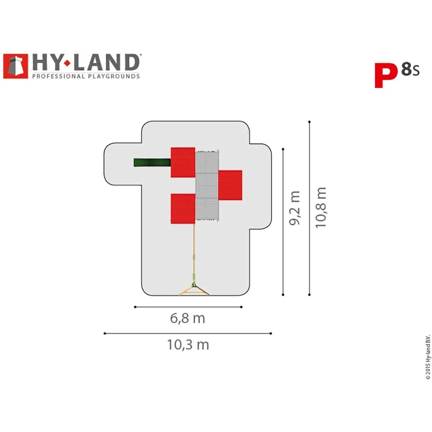 Draufsicht Hy-Land Spielgerät P8S mit Rutsche und Schaukel, Maße: 10,3 x 10,8 m. Premium Douglasie.