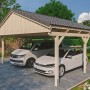 Skan Holz Doppelcarport Fichtelberg aus Fichte Natur mit zwei geparkten Autos.