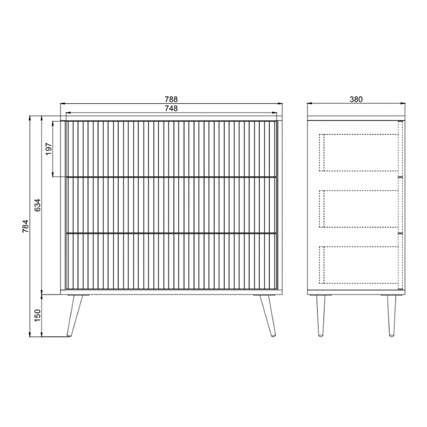 Maßzeichnung der Selsey Kommode Bello 79 cm. Front- und Seitenansicht mit 3 Schubladen, Lamellendekor und Abmessungen.