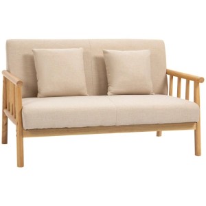 HOMCOM 2-Sitzer Sofa in Leinenoptik, hellbeige, mit Holzrahmen und 2 Lendenkissen.