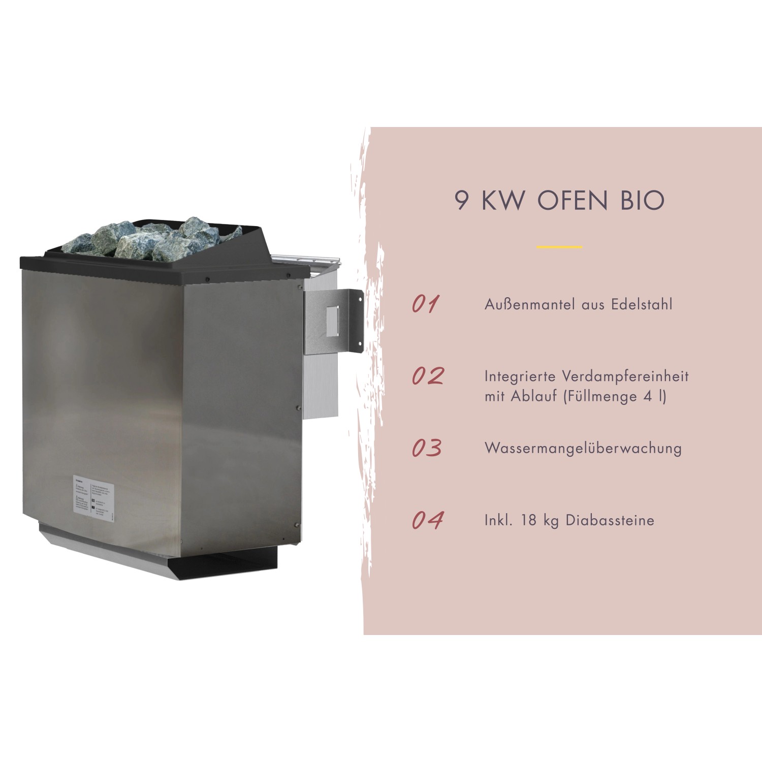 Karibu Saunaofen Arvi 9 kW Bio mit Steinen und externer Steuerung für Saunahaus.