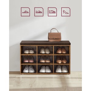 Songmics Schuhregal Custos mit Sitzfläche, braunes Schuhregal mit 9 Fächern und Schuhen.