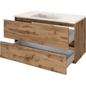 Held Möbel Waschtisch Verona 100 cm in Wotaneiche mit Mineralgussbecken und zwei offenen Schubladen.