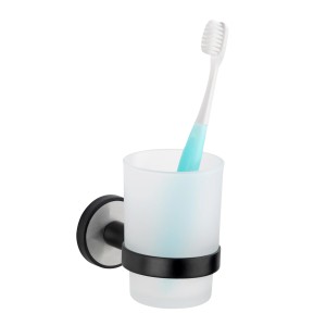Wenko Udine Zahnputzbecherhalter mit UV-Loc® in Silber Matt und Glasbecher.