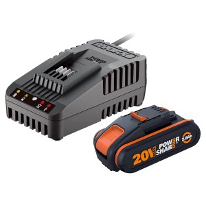 Worx Akku 20V 2Ah mit Ladegerät für PowerShare-Werkzeuge.
