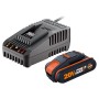 Worx Akku 20V 2Ah mit Ladegerät für PowerShare-Werkzeuge.