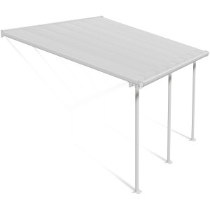 Weiße Palram Canopia Terrassenüberdachung Feria 3x4.25 mit Polycarbonat-Dachplatten und Aluminiumrahmen.
