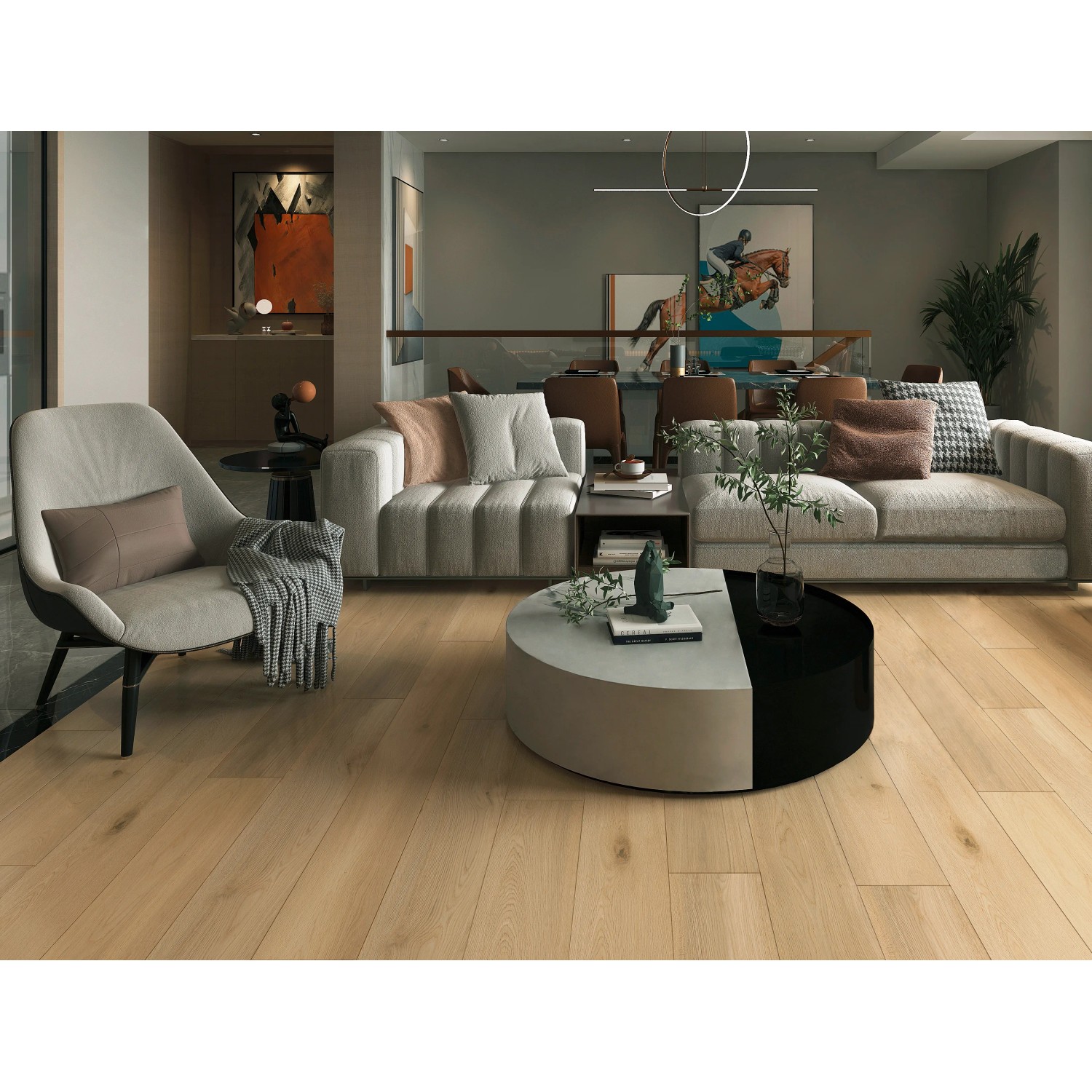 Wohnraum mit Check One Click-Vinylboden Morbach Eiche in heller Holzoptik.