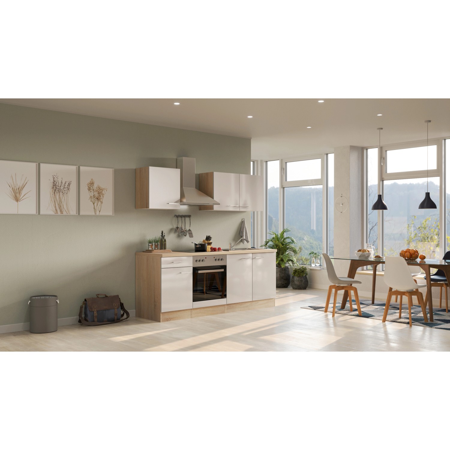 Flex-Well Küchenzeile Orlando, 210 cm, Kaschmir Glanz/Sonoma Eiche, mit E-Geräten.
