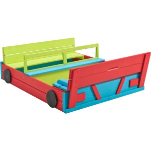 Farbenfroher SwingKing Sandkasten in Autoform mit integrierter Abdeckung und Sitzbänken.