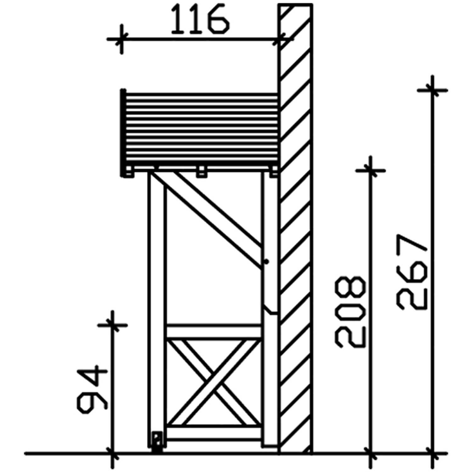 Technische Zeichnung: Skan Holz Vordach Siegen 3, Eiche hell lasiert, Maße 247x116 cm.