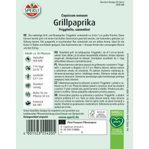 Sperli Saatgut Grillpaprika Friggitello, Packung mit Pflanzen-Info.