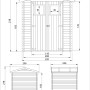 Technische Zeichnung: Timbela Gartenhaus M369+M369G, 4,33 m², mit Maßen und Ansichten.