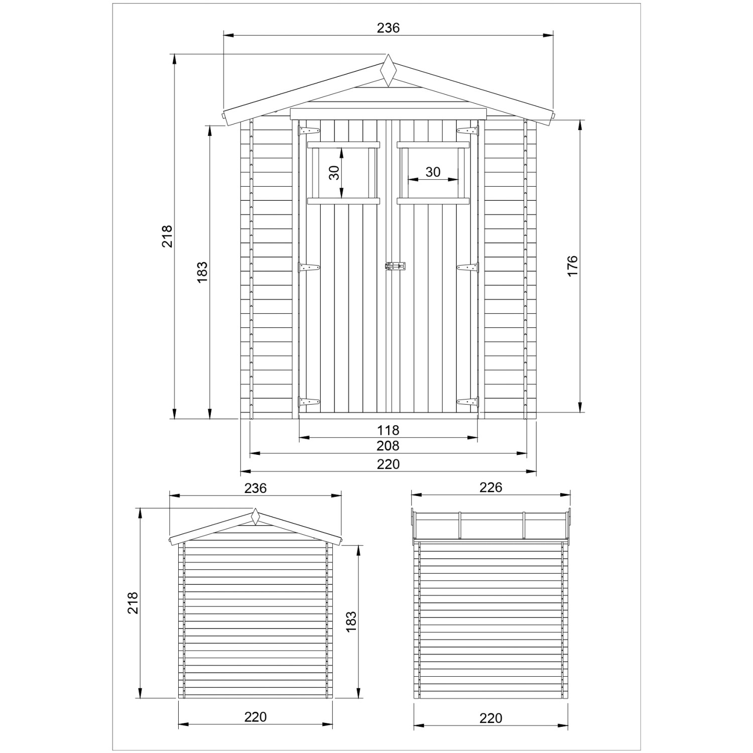 Technische Zeichnung: Timbela Gartenhaus M369+M369G, 4,33 m², mit Maßen und Ansichten.