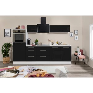 Respekta Premium Küchenzeile, 270 cm, Schwarz Hochglanz/Weiß, mit E-Geräten.