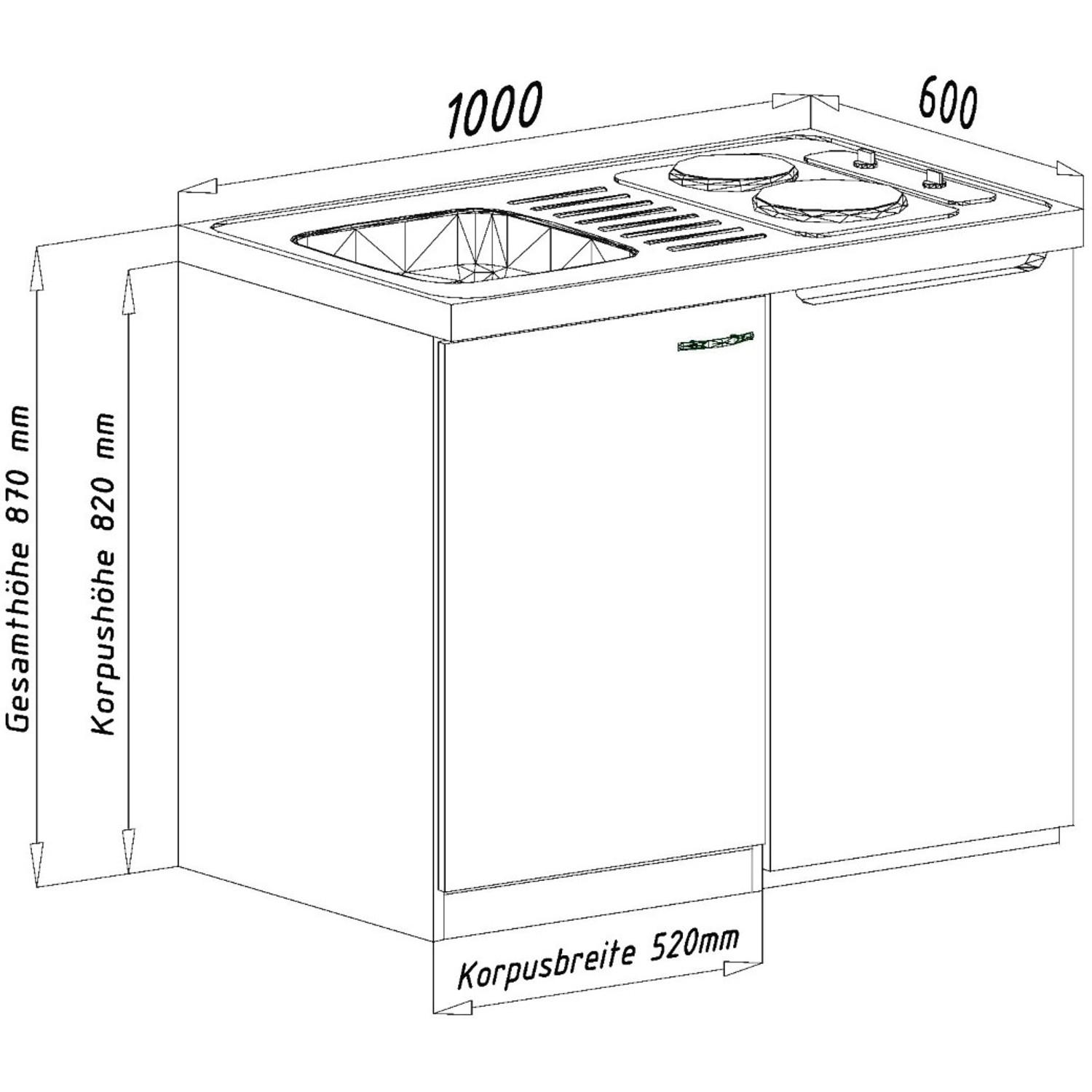 Technische Zeichnung der Respekta Küchenzeile MK100ESS, 100 cm, Schwarz-Eiche Sägerau Nachbildung, mit Maßen.