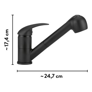 baliv Küchenarmatur KI-1521, Schwarz Matt, mit Geschirrbrause und Maßen 17,4 x 24,7 cm.