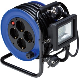 Blaue Kabeltrommel mit LED Strahler, 4 Steckdosen, 15m Kabel für Werkstatt & Garage.
