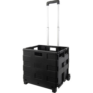 Schwarzer, klappbarer Trolley aus Aluminium mit Teleskopgriff und 25 l Fassungsvermögen.
